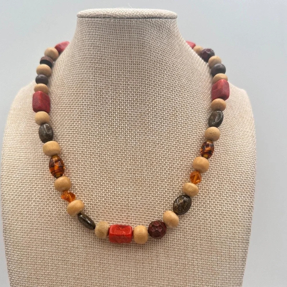 Vintage Y2K‎ Eclectic Earthy Necklace Jasper Wood Amber Natural Beaded Jewelry